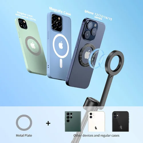 Miniatura 5 de SEAJIC Trípode magnético para teléfono con palo selfie de 64" para iPhone con control remoto y anillo de metal, trípode de viaje automático