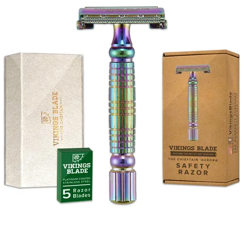 Miniatura 10 de Maquinilla de afeitar segura Vikings Blade The Chieftain más 5 superhojas de platino sueco y estuche para viajes Cromo Plata