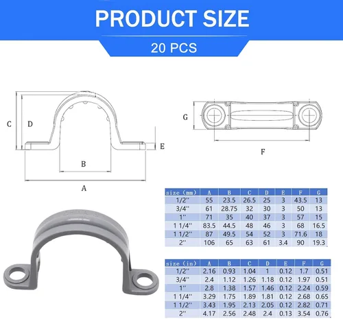 Miniatura 2 de Correa de tubo de PVC de 1-1/4 pulgadas, abrazaderas de tubo de conducto de 2 agujeros, soportes de tubo de plástico (gris, 20 piezas)