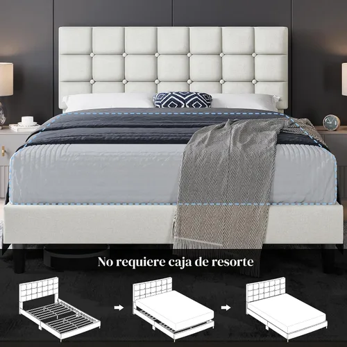 Miniatura 8 de Yaheetech Marco de Cama Tapizado, Plataforma de Cama Queen Moderna con Cabecera de Capitoné con Costuras Cuadradas y Botones, Altura Ajustable, Beige