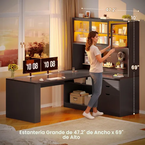 Miniatura 8 de SEDETA - Escritorio en forma de L para computadora, escritorio de esquina para juegos con 3 cajones de madera y estantería grande, escritorio