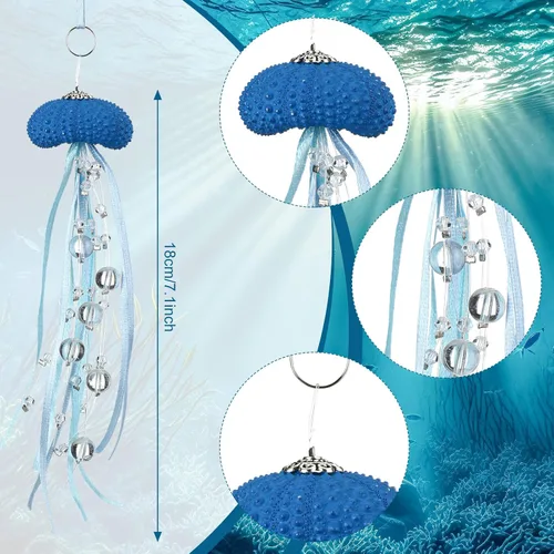 Miniatura 3 de Namalu 6 piezas de adorno de Navidad de erizo de mar y medusa con cuentas costeras, decoración festiva de playa con temática de océano, adorno Azul