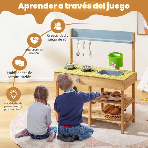 Miniatura 5 de Costzon Cocina de madera para niños, cocina de barro al aire libre con fregadero extraíble, caja de agua y grifo, parte superior de la estufa, Verde