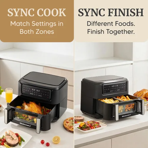 Miniatura 3 de Elite Gourmet Horno freidora de aire de doble zona de 11 cuartos de galón, freidora de aire de doble cesta con divisor, acabado de sincronización
