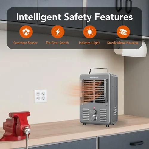 Miniatura 3 de Comfort Zone Calentador eléctrico portátil utilitario estilo Milkhouse de 1,500 vatios con termostato ajustable, protección contra Gris