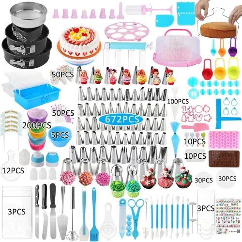 Miniatura 9 de Kit de decoración de pasteles, suministros de decoración de pasteles, juego de 515 piezas de suministros para hornear con 3 juegos de moldes