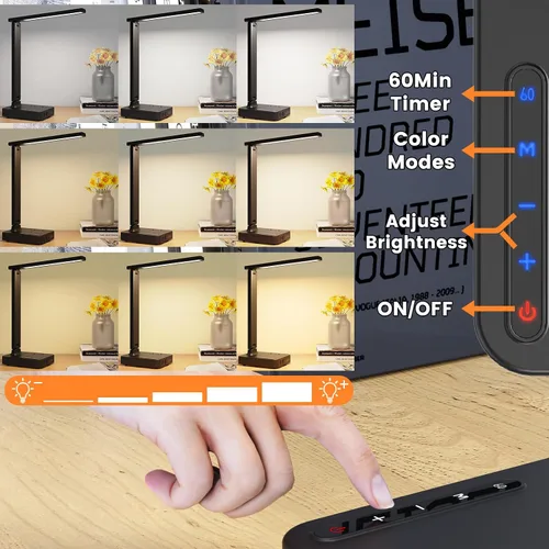Miniatura 6 de COZOO Lámpara de escritorio LED con 3 puertos de carga USB, 2 tomas de corriente CA, 3 modos de color y 3 niveles de brillo, función