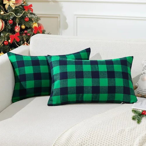 Miniatura 14 de OTOSTAR Paquete de 2 fundas de almohada decorativas de cuadros búfalo navideños de 12x20 pulgadas, lino clásico estilo granja, fundas de cojín