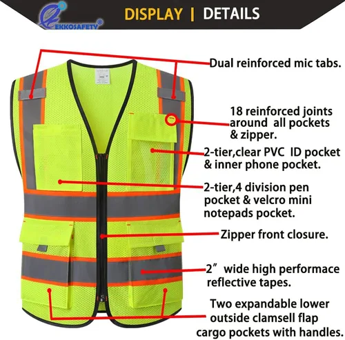 Miniatura 3 de Chaleco de seguridad reflectante para hombres y mujeres con 9 bolsillos y cremallera frontal Clase 2, chaleco de trabajo de malla de alta Malla