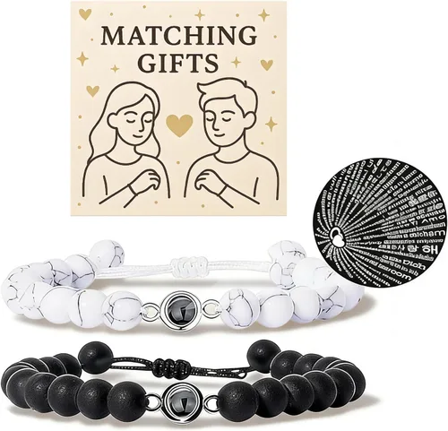 72ore Pulseras a juego para parejas, pulsera de fotos con texto en inglés "I Love You in 100 idiomas", pulseras de San Valentín, regalos para ella y