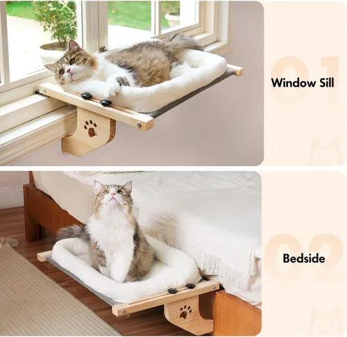 Miniatura 7 de AMOSIJOY Asiento de hamaca resistente para gatos con funda de cama acolchada, marco de madera y metal para gatos grandes, fácil de ajustar, alféizar