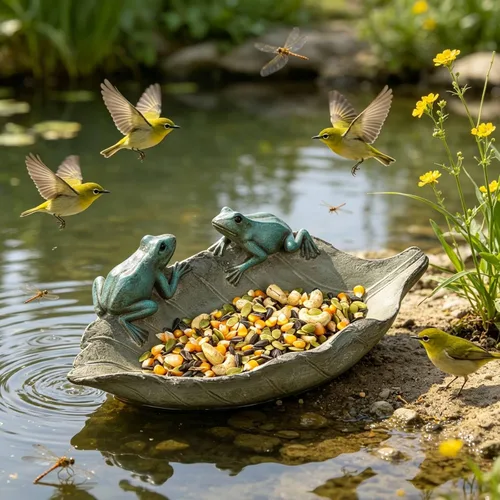 Comedero para pájaros salvajes al aire libre, comedero para pájaros de poliresina al aire libre, cuenco de baño para decoración de mesa de patio Rana