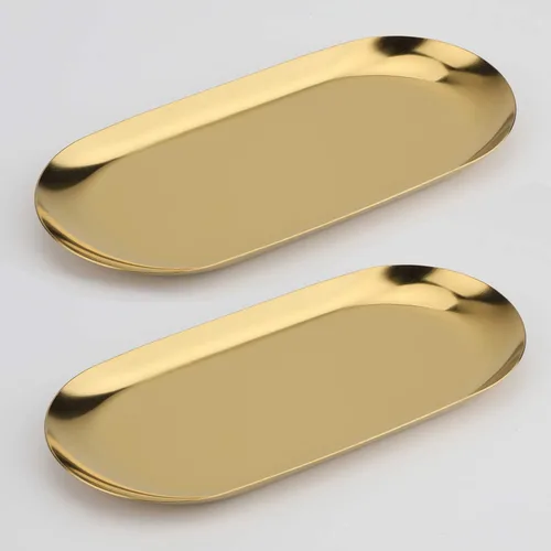 Miniatura 8 de Fermus Bandeja decorativa de acero inoxidable, juego de 2, 9 pulgadas de largo, organizador de cosméticos para joyas, bandeja de almacenamiento