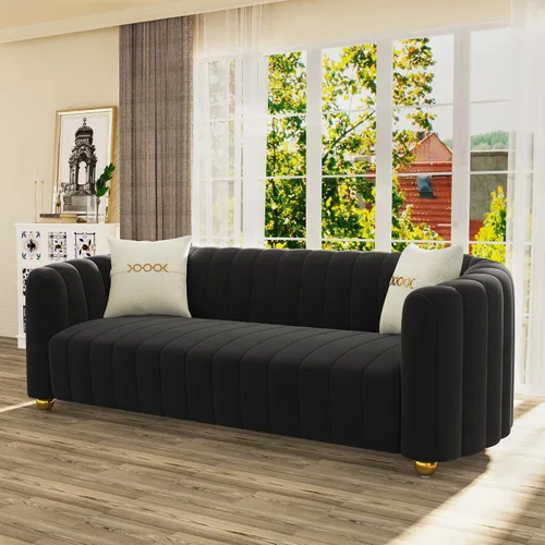 Miniatura 3 de Sofá de terciopelo negro de 83 pulgadas, sofá moderno de mediados de siglo para 3 personas Chesterfield copetudo de terciopelo con 2 almohadas