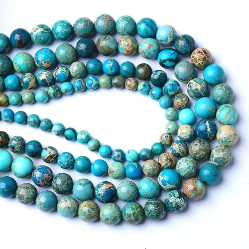 Miniatura 4 de 45 Piezas de 5⁄16 Pulgadas (8 mm) Cuentas de Piedra Natural de Jade de Sedimento Marino Azul con Impresión Espaciadora para Hacer Joyería, Pulseras