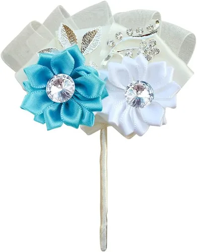 Miniatura 7 de 60 lazos de flores de cinta de satén, pequeñas flores de tela con margaritas con diamantes de imitación, lazos de cinta de satén para boda (azul)