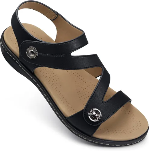 Miniatura 9 de TEMOFON Sandalias para mujer de verano elegante: puntera abierta, cómodas para caminar, sandalias planas con soporte para el arco, tallas 5-11