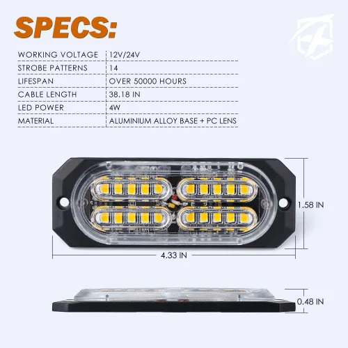 Miniatura 7 de Xprite Kit de luces estroboscópicas de emergencia con 20 luces LED de montaje empotrado en superficie de color ámbar, ultradelgado, salpicadero