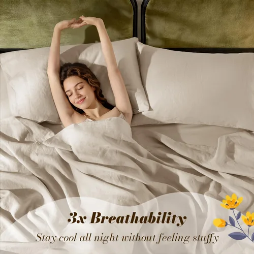 Miniatura 3 de SONORO KATE Sábanas de cama de lino francés 100% puro, tamaño Queen, sábanas de cama de lino transpirables y duraderas, antidesgarro, lavables a