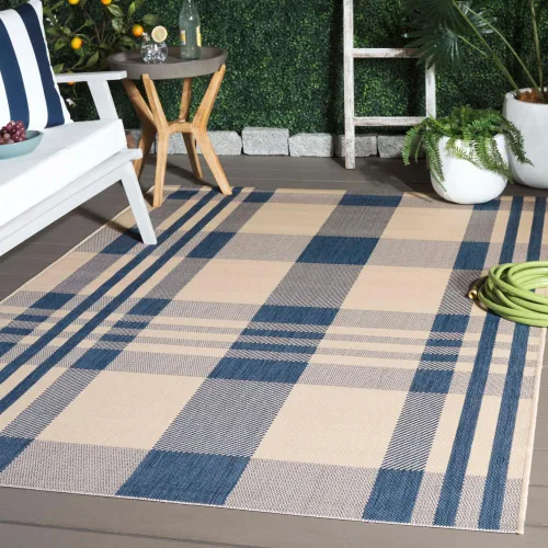 Miniatura 25 de SAFAVIEH Alfombra Lavable para Exteriores Colección Courtyard - 2'3" x 4', Beige y Azul, Patrón a Cuadros, No Desprende Pelusa y Fácil Limpieza