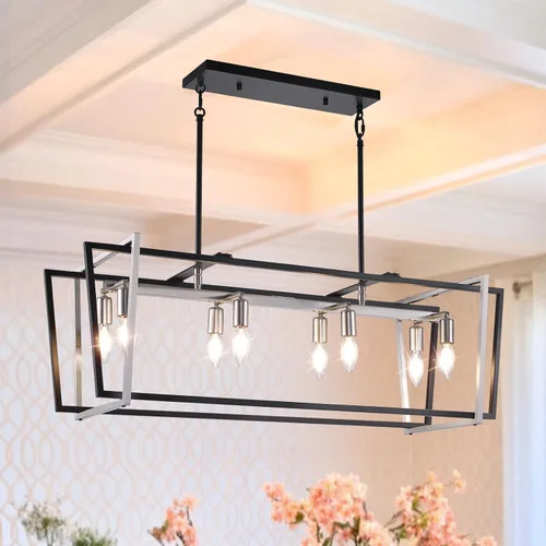 Miniatura 15 de Iluminación rústica de isla de cocina de granja, lámpara de 5 luces para comedor sobre mesa, lámpara de araña de madera rústica rectangular, lámpara