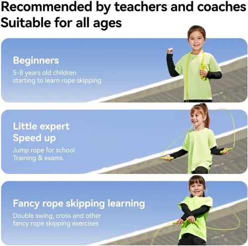 Miniatura 9 de Cuerda de saltar para niños con velocidad ajustable con rodamientos duales, cordón anti-enredo segmentado, asas de silicona, juguete de fitness