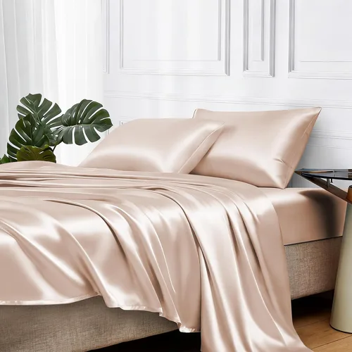 Miniatura 72 de MR&HM Sábanas de satén para cama de tamaño King, juego de 4 piezas de ropa de cama sedosa con bolsillo profundo de 15 pulgadas para colchón