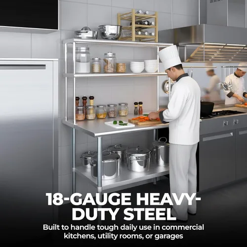 Miniatura 3 de Estante doble de acero inoxidable resistente con certificación NSF de calibre 18 con soportes para cocinas, cuartos de servicio, almacenamiento