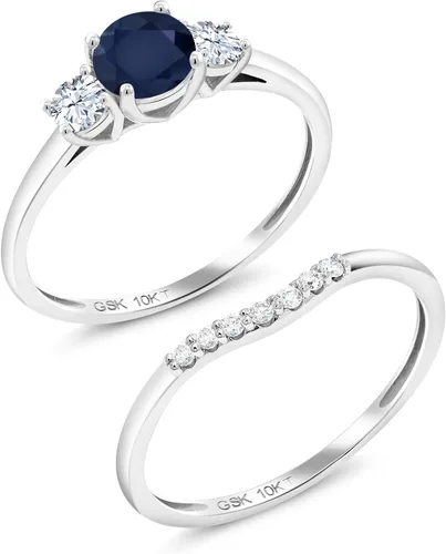 Miniatura 2 de Gem Stone King Juego de anillos de compromiso de 3 piedras de oro blanco de 10 quilates y zafiro blanco creado en laboratorio para mujer