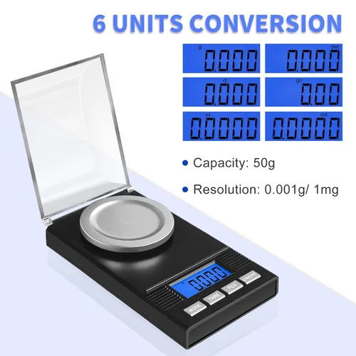 Miniatura 2 de Fuzion Balanza de miligramo 50g/0.001g, balanza portátil de joyería con precisión de 0.001 gramo, balanza de mg, balanza de polvo, balanza de Negro