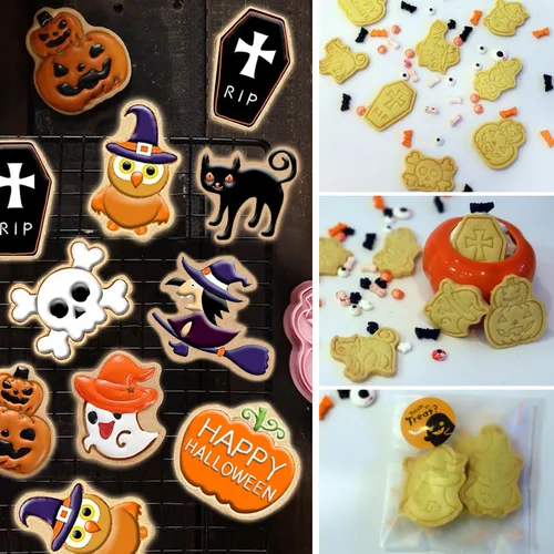 Miniatura 4 de Cortadores de galletas de Halloween, 8 sellos de galletas con linda calabaza, fantasma, gato, cráneo, búho, bruja y ataúd, impresión 3D mini
