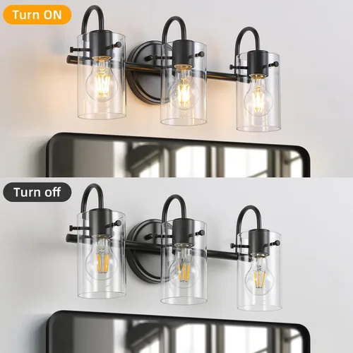 Miniatura 2 de 3 luces de tocador, lámparas de pared de baño negro mate sobre el espejo, aplique de pared moderno con pantalla de vidrio transparente, lámpara