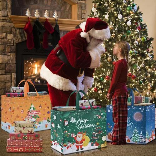 Miniatura 7 de AhfuLife 12 piezas bolsas de regalo de Navidad extra grandes, 15.7'' x 14.2'' x 5.9'', bolsas tipo tote de Navidad con asas, bolsa de compras B: 12
