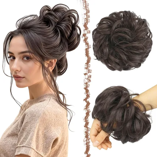 Miniatura 16 de FESHFEN Pieza de Cabello Grande de Moño Desordenado de Fibra Sintética Negro Azabache, 1.94 oz