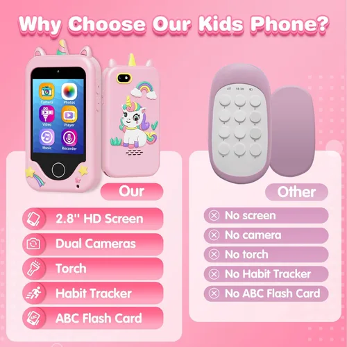 Miniatura 7 de Juguetes de teléfono para niños de 3 a 6 años para niñas, teléfono celular para niños con pantalla táctil, cámara dual, reproductor de música MP3