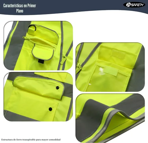 Miniatura 4 de JKSafety Chaleco de seguridad frontal con cremallera de alta visibilidad clase 2 con 9 bolsillos y tiras reflectantes, cumple con las normas Amarillo