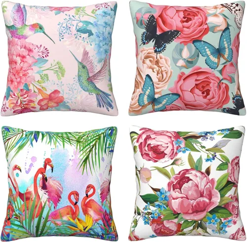 Juego de 4 fundas de almohada de flamencos tropicales y flores rosadas, 18 x 18 pulgadas, diseño de peonías florales de mariposa, fundas de almohada