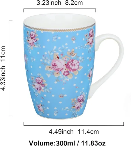 Miniatura 3 de fanquare Juego de 4 tazas de café de 12 onzas para mujer, juego de tazas de café de porcelana floral, tazas de café grandes de cerámica azul