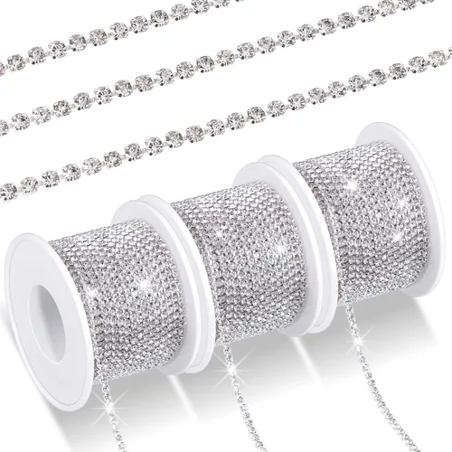 Miniatura 8 de 3 rollos en total de 33 yardas de 0.079 pulgadas (0.079 in) con diamantes de imitación de cristal, cadena de copa de garra de cristal, costura