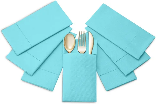 Miniatura 7 de Paquete de 50 servilletas desechables con sensación de lino para cena con bolsillo integrado para cubiertos, servilletas de papel tipo tela Menta