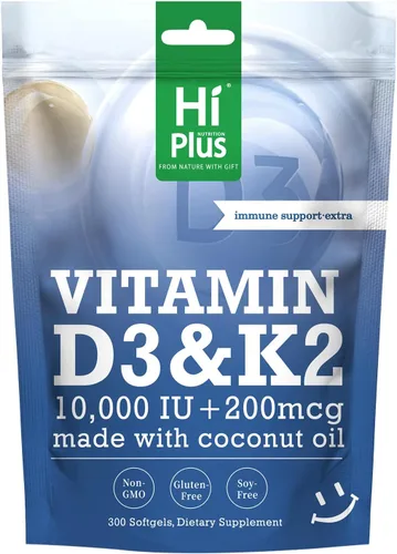 Vitamina D3 10,000 UI + K2 200 mcg, 300 cápsulas blandas | Aceite de coco | Apoyo 2 en 1 para huesos, inmunes y cardíacos | Fácil de tragar, sin OMG
