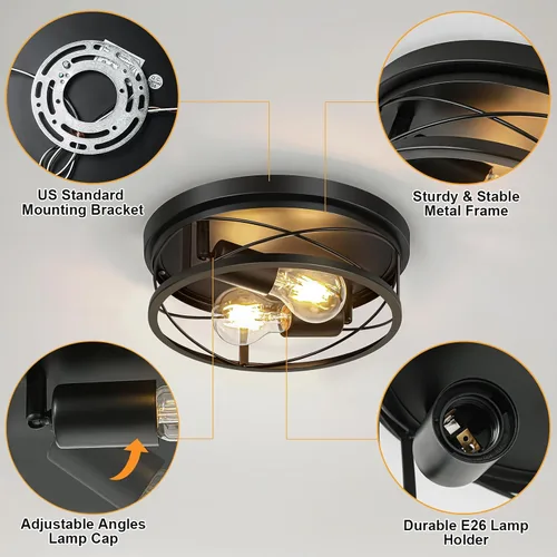 Miniatura 5 de Luces de granja, lámpara de techo industrial negra de montaje empotrado, lámpara de techo para pasillo, dormitorio, cocina, entrada, 2 luces