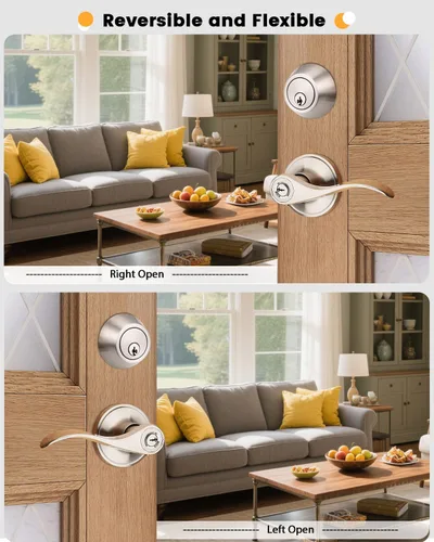 Miniatura 6 de Gobrico Keyd Alike - Manija de puerta de entrada y cerrojo de un solo cilindro en níquel satinado, palanca estilo onda con cerradura y cerrojo