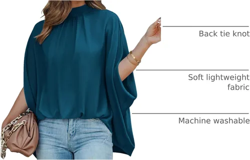 Miniatura 29 de BTFBM Blusas de verano para mujer, cuello alto falso, manga murciélago, holgadas, dobladillo alto y bajo, blusas informales de gran