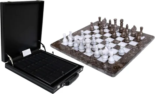 Miniatura 4 de Juego de ajedrez de mármol hecho a mano de 15 pulgadas con caja de regalo de piel sintética negra, tablero de ajedrez de piedra premium y piezas