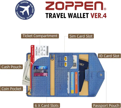 Miniatura 110 de Zoppen - Billetera de viaje con bloqueo RFID multiusos (Ver.4) Portatarjetas de pasaporte y vacunas, organizador de documentos de tres pliegues