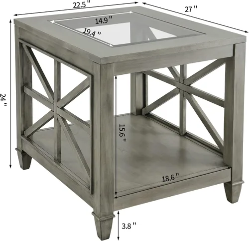 Miniatura 3 de LEEMTORIG Mesa auxiliar rústica grande, mesas auxiliares grises con vidrio templado para sala de estar, mesa auxiliar cuadrada industrial de madera