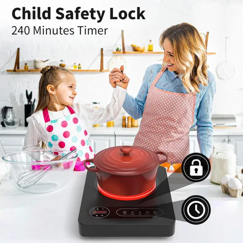 Miniatura 7 de VBGK Cocina eléctrica de un solo quemador, estufa eléctrica de 110 V 1800 W con control táctil LED, 10 niveles de potencia, temporizador de 4 horas
