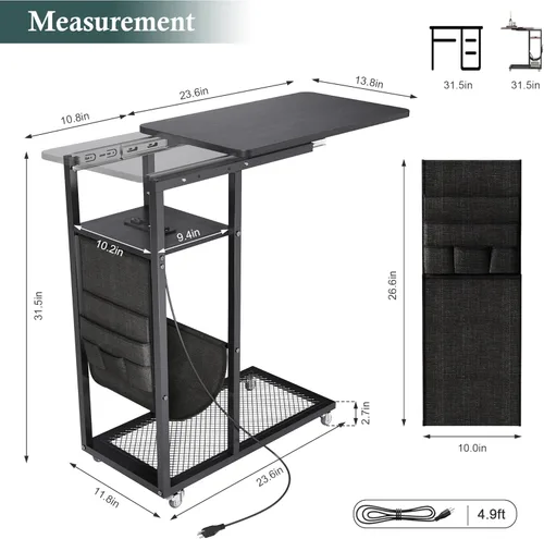 Miniatura 2 de Mesa auxiliar en forma de C de Colima con estación de carga (Negro, Extra Grande)