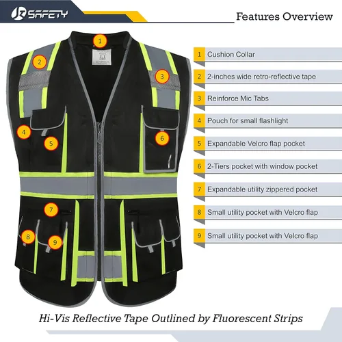 Miniatura 4 de JKSafety Chaleco de Seguridad Negro de Alta Visibilidad con Cremallera Frontal de 10 Bolsillos Cuello Acolchado Cintas Altamente Reflectantes